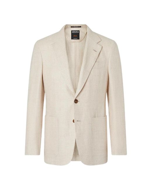Zegna White Crossover Linen Check Jacket for men