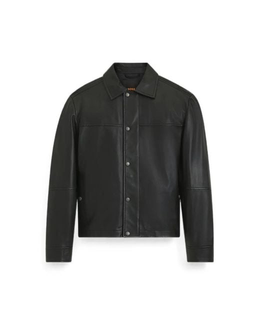 Boss Black Leather Press-Stud Jacket for men