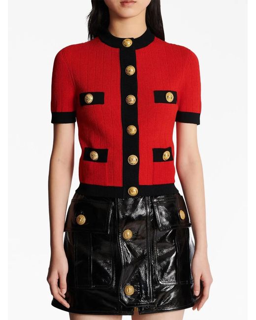Balmain Red Short-Sleeve Cropped Cardigan