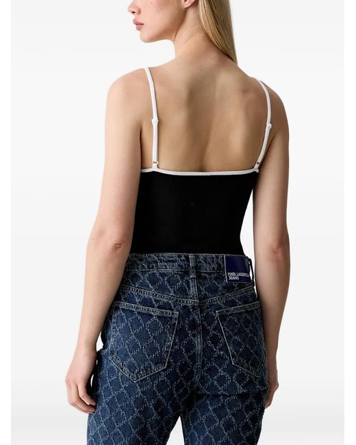 Karl Lagerfeld Black Ribbed-Knit Logo-Print Bodysuit