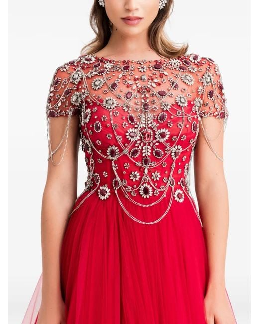 Gemy Maalouf Red Beaded Corset Maxi Dress