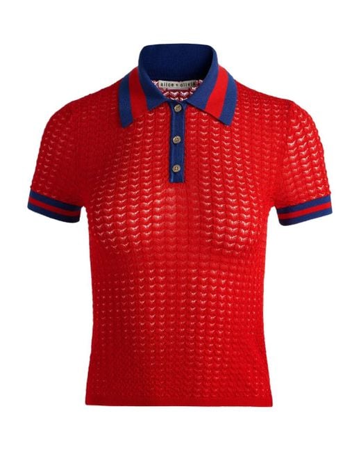 Alice + Olivia Red Martha Pointelle Polo Shirt
