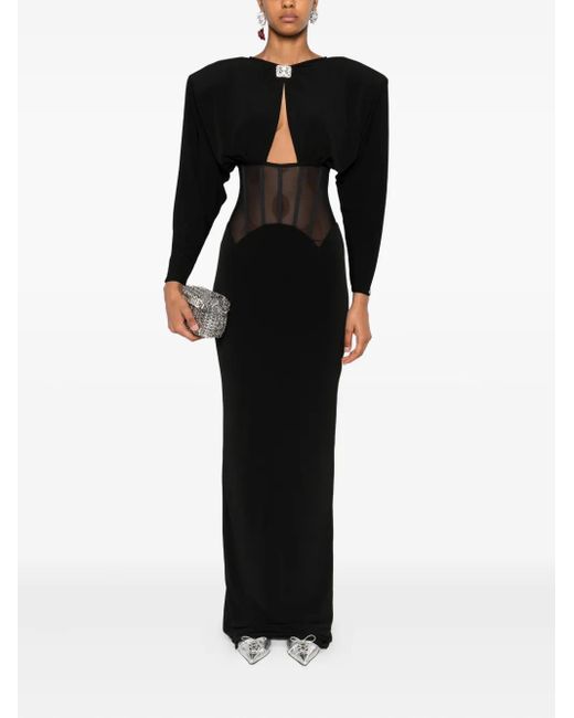 Nissa Black Padded-Shoulder Panel-Insert Maxi Dress