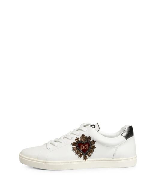 Dolce & Gabbana White Heart-Embellished Leather Sneakers for men