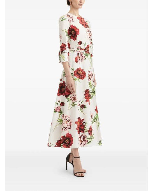 Oscar de la Renta White Peony-Print Three-Quarter Sleeves Maxi Dress