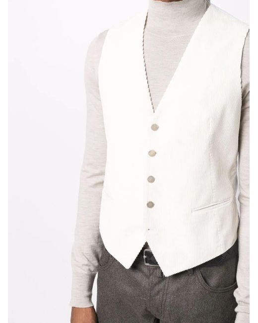 Tagliatore White Corduroy Single-Breasted Waistcoat for men