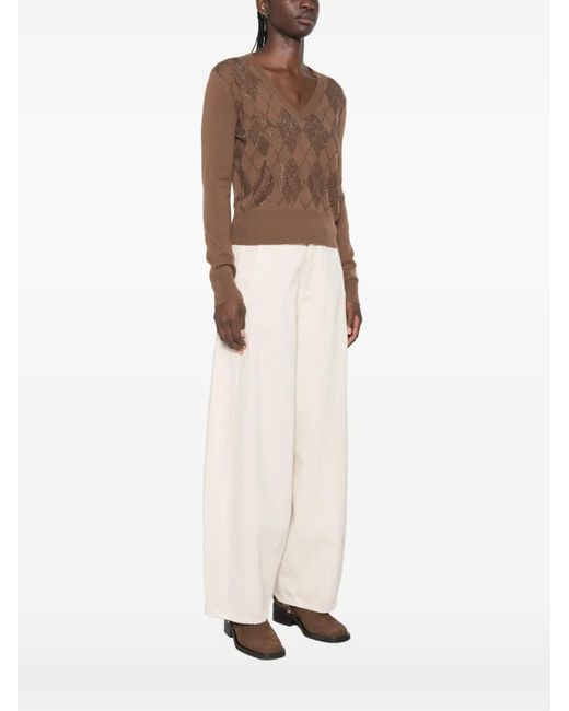 Max Mara Brown Argyle-Pattern Stud-Embellished Sweater