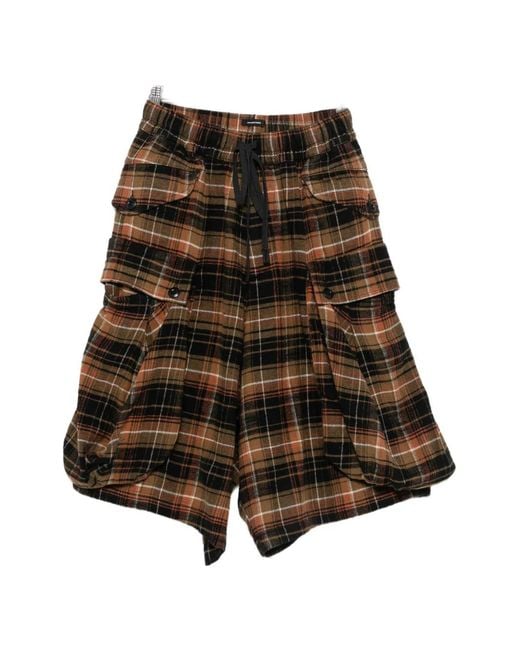 R13 Brown Check-Pattern Cargo Shorts