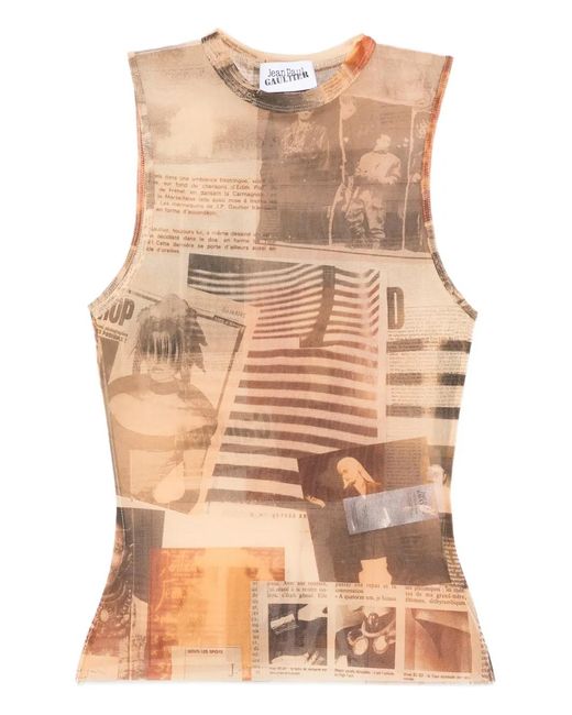 Jean Paul Gaultier Natural The Journal Ecru Tulle Tank Top With All-Over Journal Print