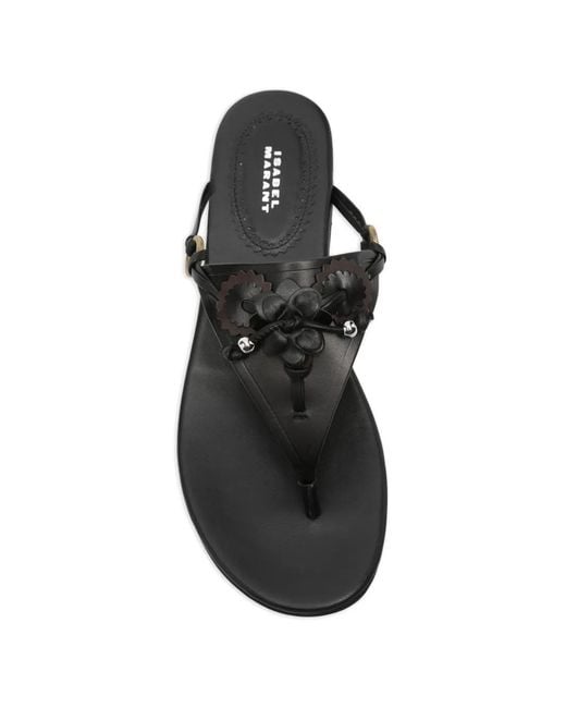 Isabel Marant Black Elato Leather Flowers-Detail Flat Sandals