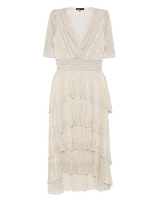 Maje Natural Metallic Ruffled Midi Dress