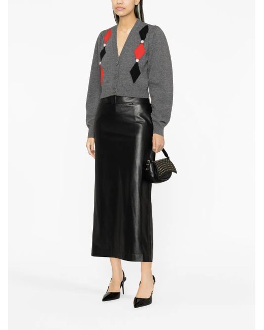 Alessandra Rich Black Intarsia-Knit Floral-Detail Cardigan
