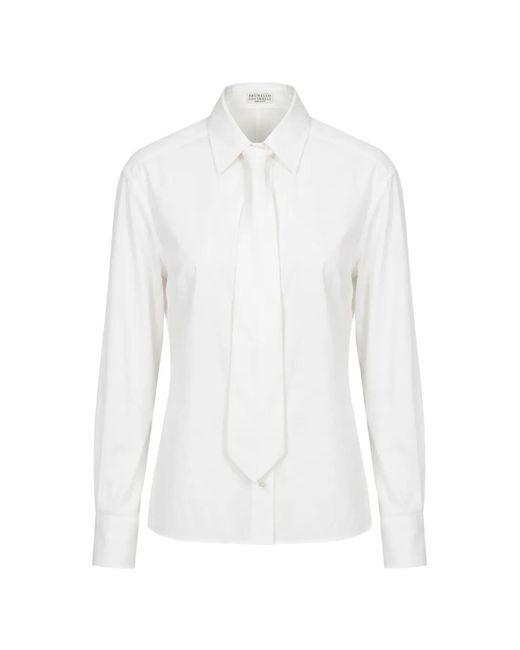 Brunello Cucinelli White Tie-Detail Long-Sleeve Shirt