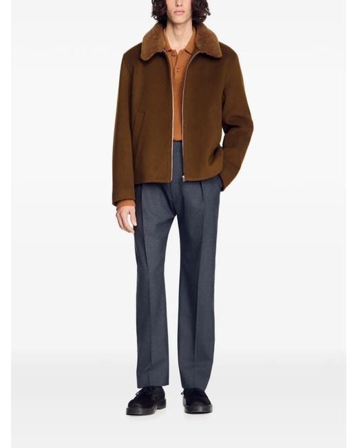 Sandro Brown Shearling-Collar Zip-Up Jacket for men