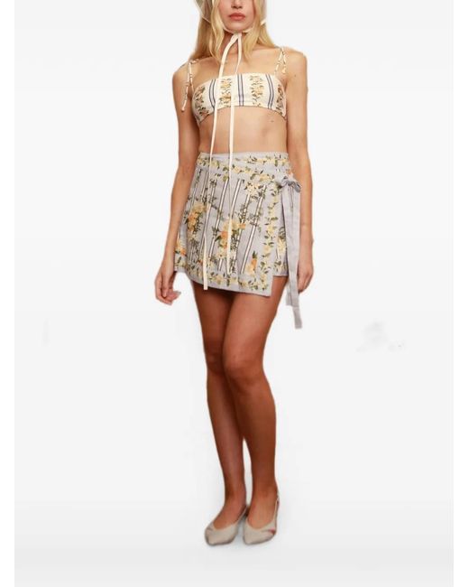 Agua Bendita White Luna Valle Floral-Print Linen Asymmetric Skirt