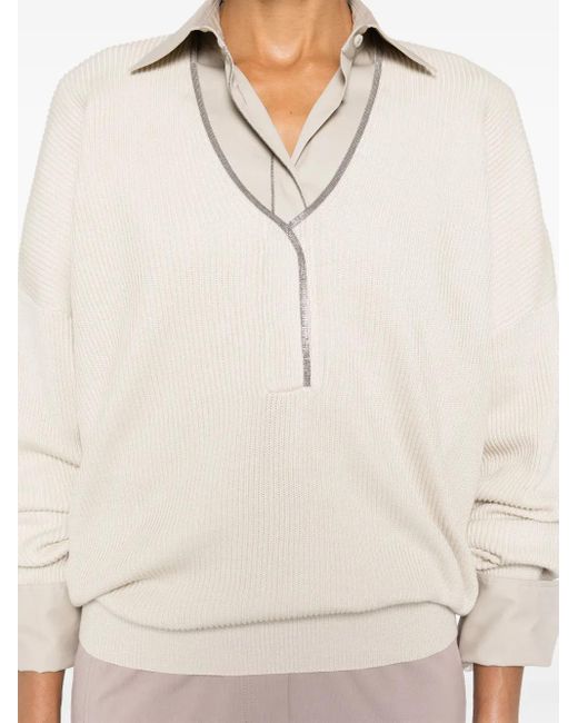Brunello Cucinelli White Monili-Chain Ribbed Jumper
