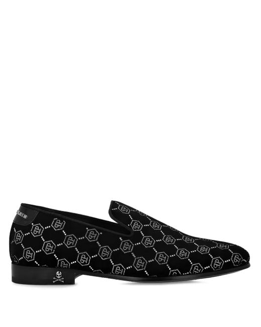 Philipp Plein Black Velvet Loafers Strass Monogram for men