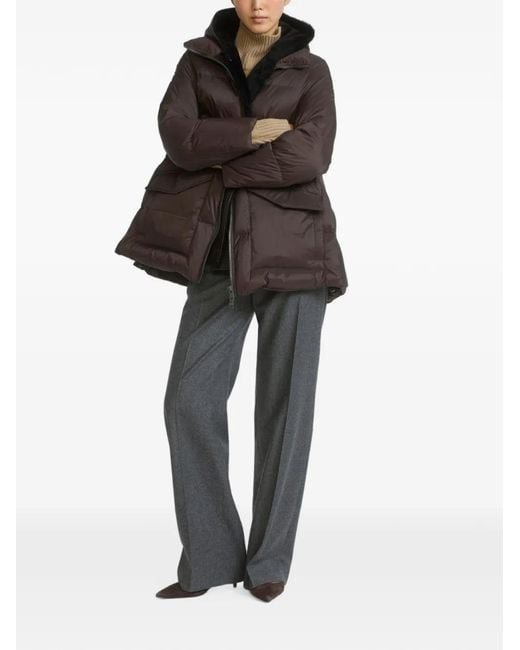 Yves Salomon Brown A-Line Shearling-Panel Down Coat