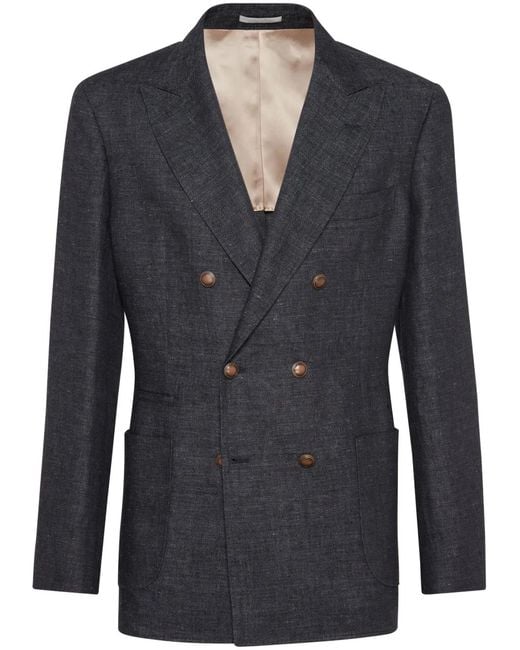 Brunello Cucinelli Blue Double-Breasted Linen Blazer for men