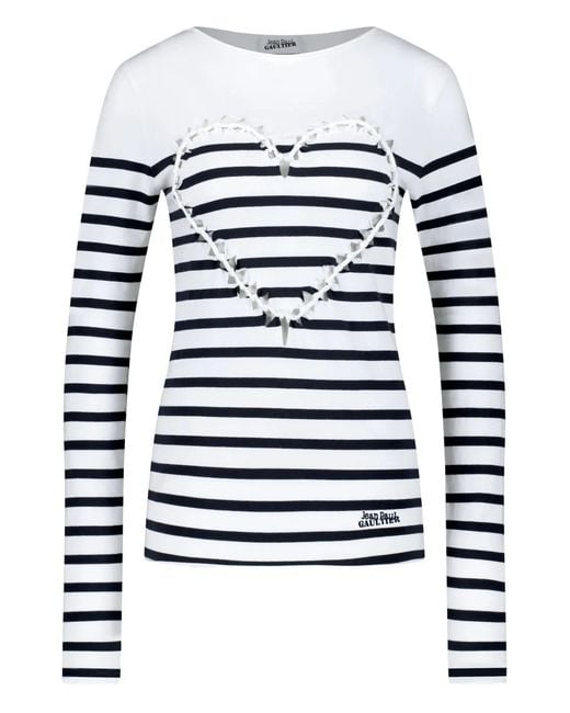 Jean Paul Gaultier White Striped Heart-Detail Long-Sleeved T-Shirt