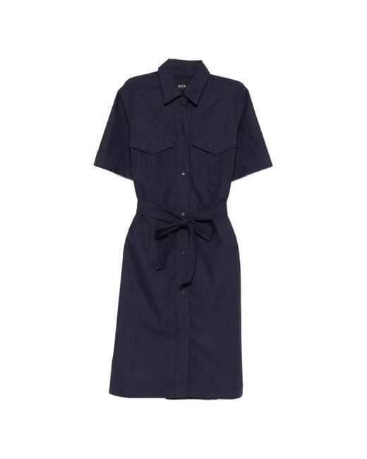 A.P.C. Blue Belted Short-Sleeve Shirt Dress