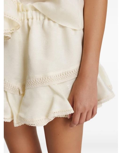 Pink White Ruffled-Lace Linen Shorts