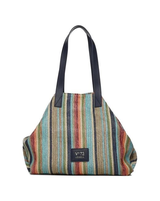 V73 Blue Striped Top-Handle Shoulder Bag