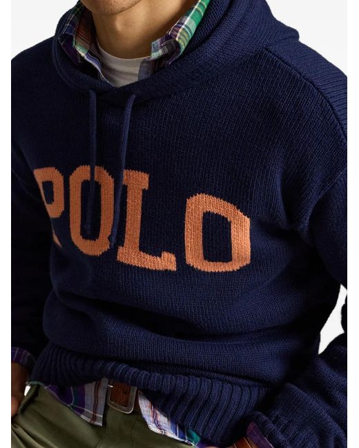 Polo Ralph Lauren Blue Intarsia Hooded Knit Hoodie for men