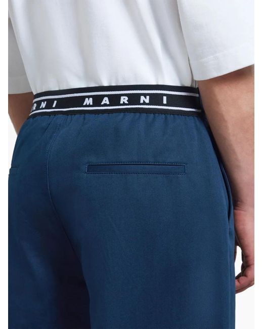 Marni Blue Logo-Waistband Straight-Leg Cotton Trousers for men