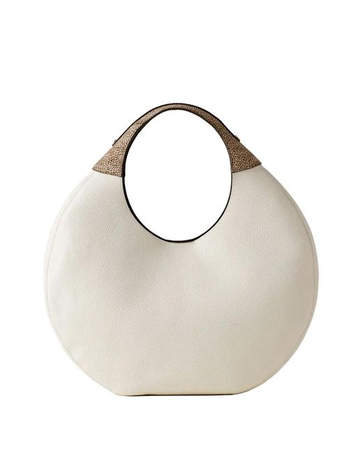 Borbonese White Large Full Moon Pebbled Leather Tote Bag