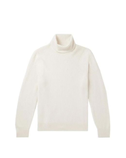 Brunello Cucinelli White Roll-Neck Ribbed Sweater for men