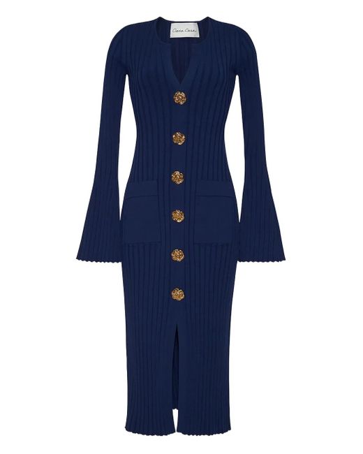 Cara Cara Blue Ribbed Bell-Sleeve Midi Dress