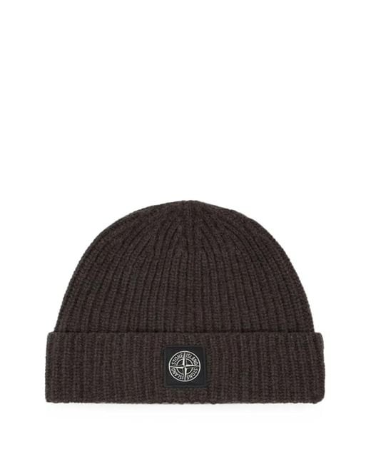 Stone Island Black Ribbed Virgin Wool Hat With Logo Patch for men