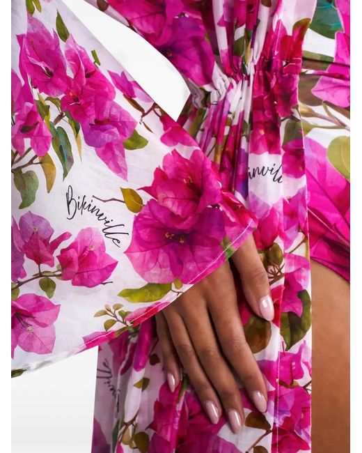 Bikinville Pink Bouganvillea Print Drawstring-Waist Beach Cover-Up
