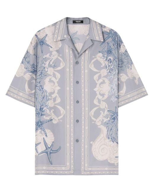 Versace Blue Barocco Sea Silk Shirt for men