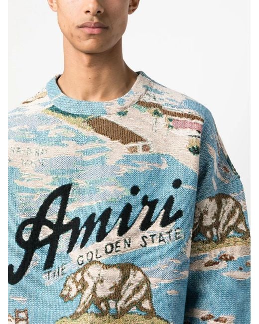 Amiri Blue Logo-Print Drawstring Cotton Jumper for men