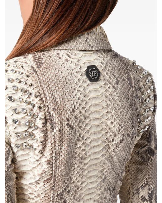 Philipp Plein Leren Bikerjack Met Python-Print in het White