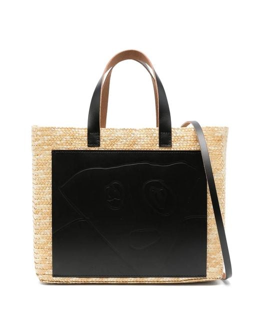 Plan C Black Small Florentine Logo-Patch Straw Tote Bag