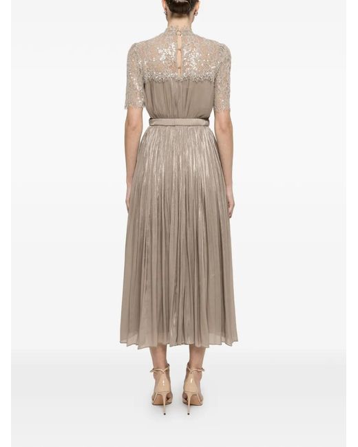 Nissa Natural Lace-Panel Chiffon Midi Dress