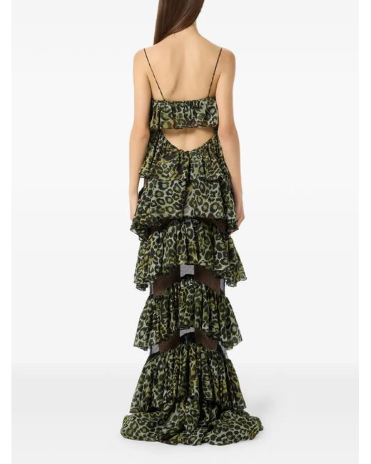 Blumarine Green Ruffled Animal-Print Maxi Dress