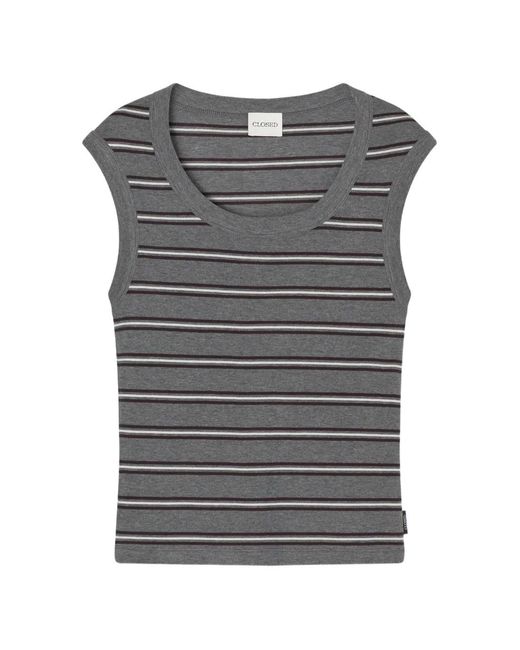 Closed Gray Striped Cap-Sleeve T-Shirt