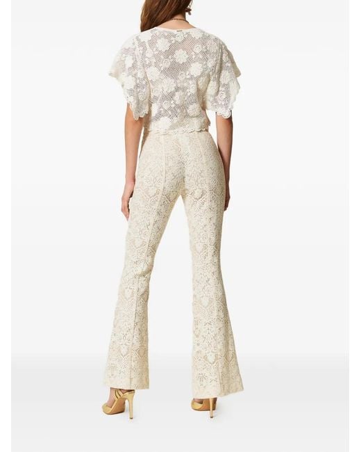 Twinset White Flared Lace Trousers With Belt