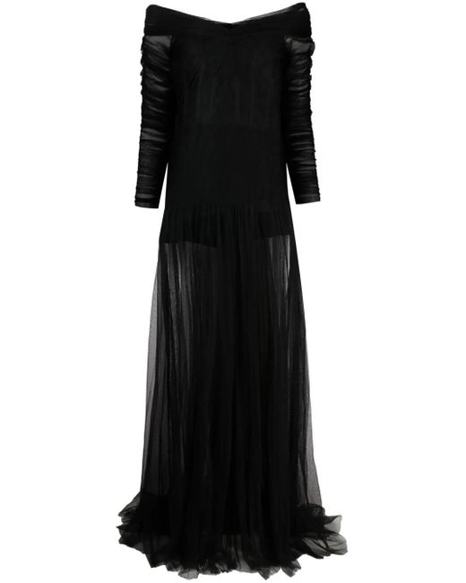Ana Radu Black Sheer-Overlay Off-Shoulder Gown