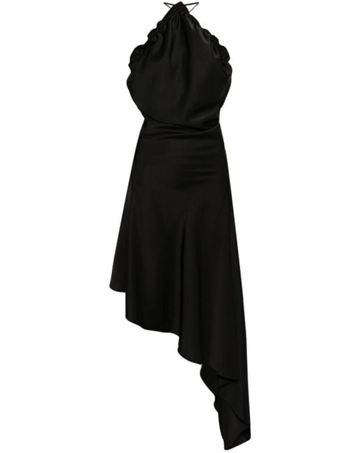 The Attico Black Asymmetric Satin Midi Dress