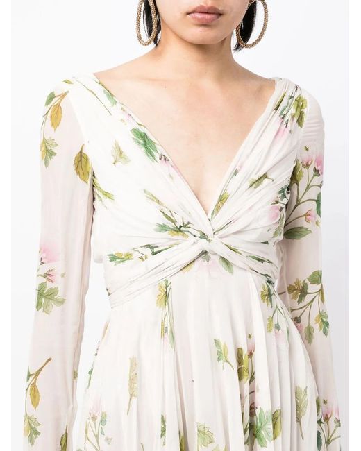 Giambattista Valli White Gathered Floral-Print Silk Dress
