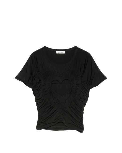 Sandro Black Heart Cut-Out Ruched T-Shirt