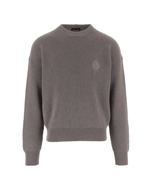 Giorgio Armani Gray Logo-Embroidered Ribbed-Knit Sweater for men