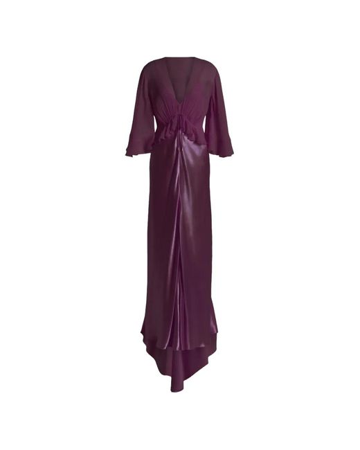 Alberta Ferretti Purple Ruffled V-Neck Maxi Dress