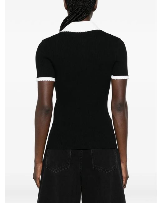Maje Black Contrast-Collar Ribbed Polo Top