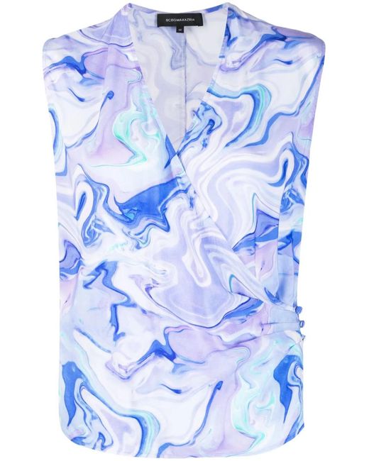 BCBGMAXAZRIA Blue Marbled-Pattern Sleeveless Blouse